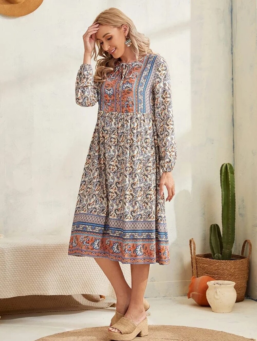 Boho Long-Sleeve Midi Dress in Rust and Cream Floral - Picture 6 of 8